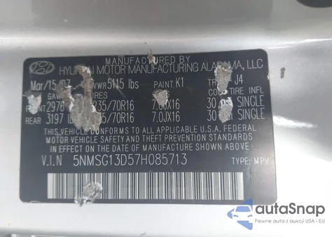 2007 Hyundai Santa Fe Gls z USA, uszkodzony, nr VIN 5NMSG13D57H085713